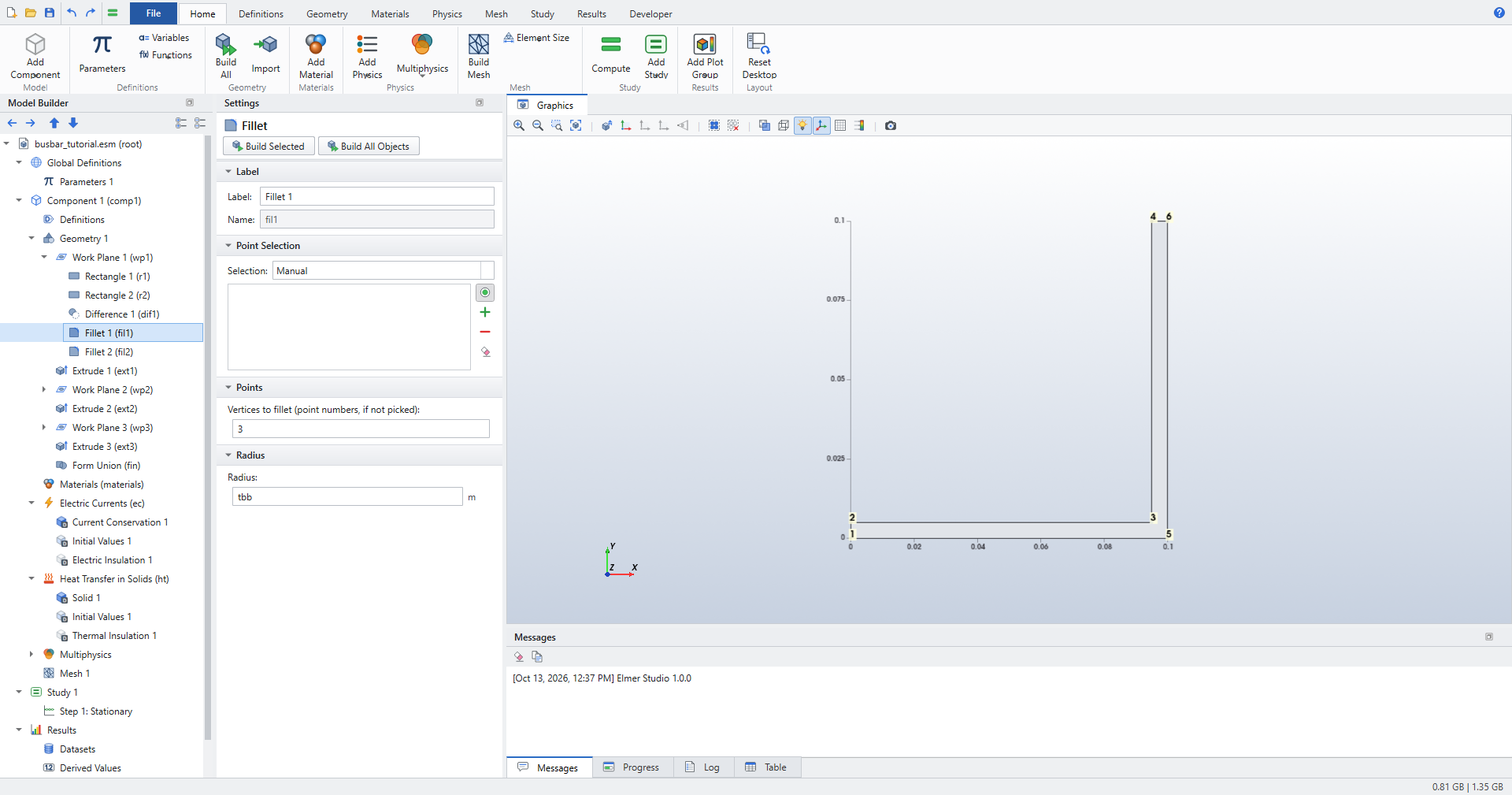 Settings of Fillet 1 with point 3 and radius tbb; the Graphics window shows the L profile with points 1 to 6