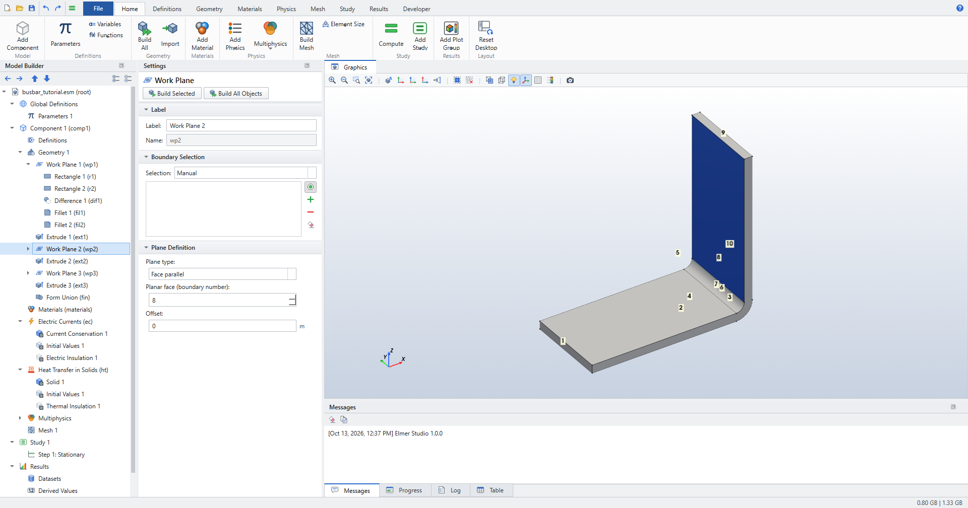 Settings of Work Plane 2 with Plane type Face parallel and planar face 8; the Graphics window shows the extruded L with boundary numbers and face 8 highlighted
