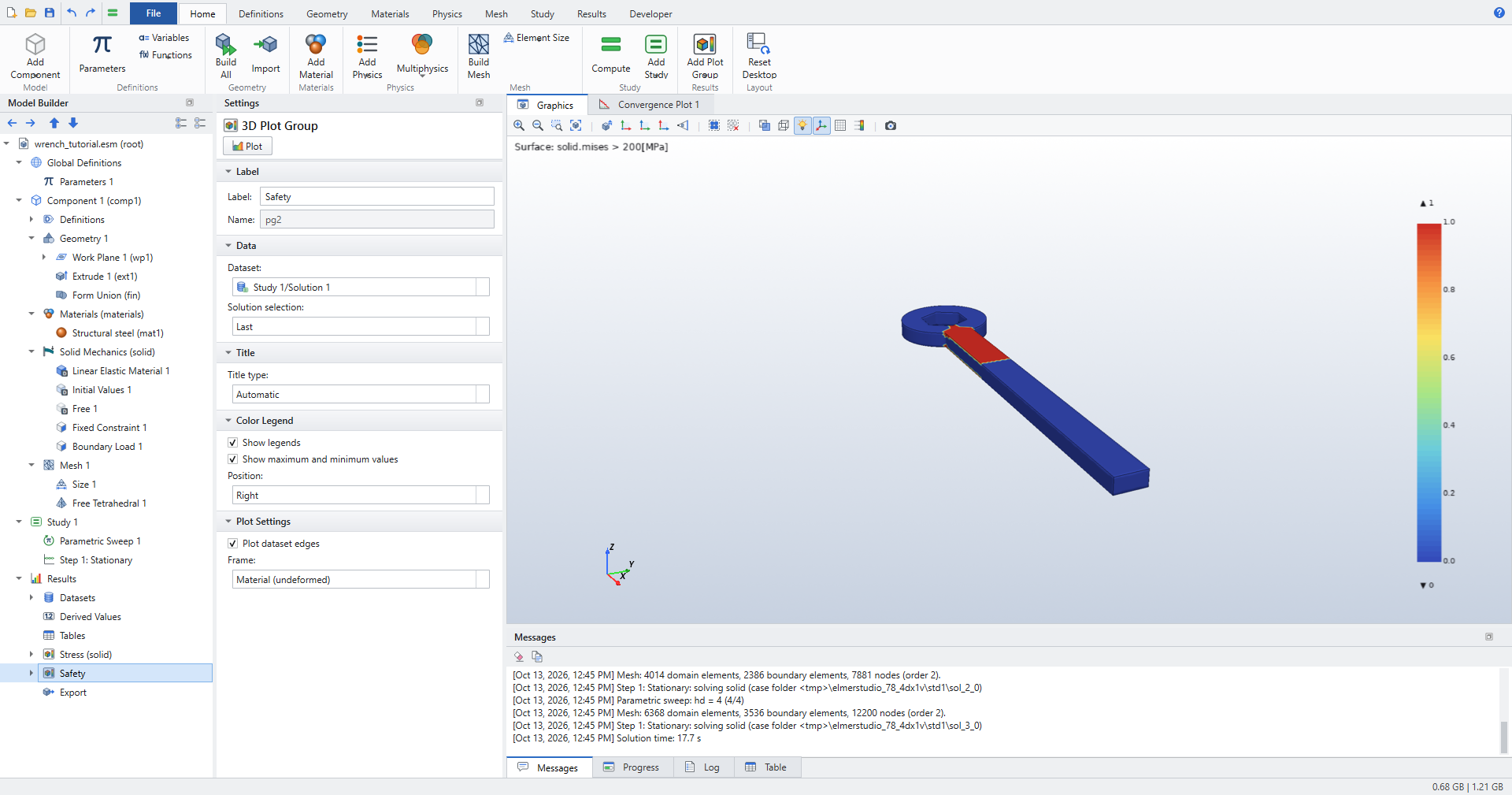 Safety plot group with a Surface of solid.mises greater than 200 MPa; the red region is on the handle next to the head